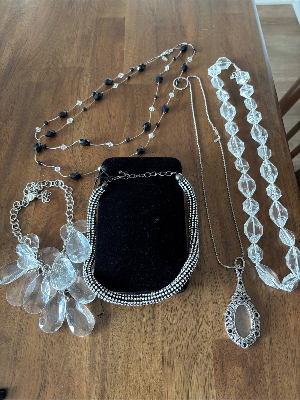 Crystal and Silver-Tone Women's Necklace Set - Clear and Black